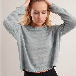 Green blue ribbed crew neck sweater